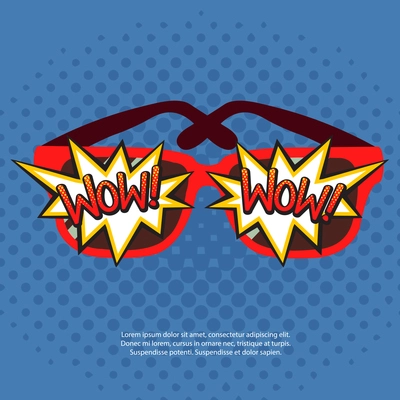 Sun glasses in red rim with comic bubbles wow on blue pop art background vector illustration