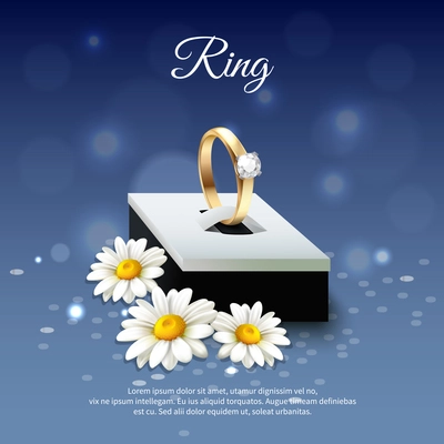 Colored daisy realistic composition with wedding ring in a blue gift box vector illustration