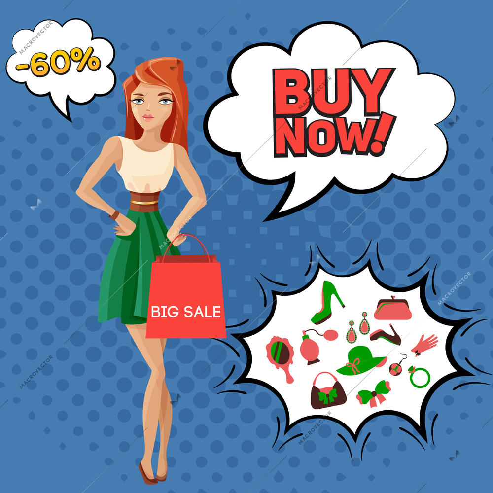 Big sale of female accessories, composition on blue background with comic bubbles, beautiful woman vector illustration
