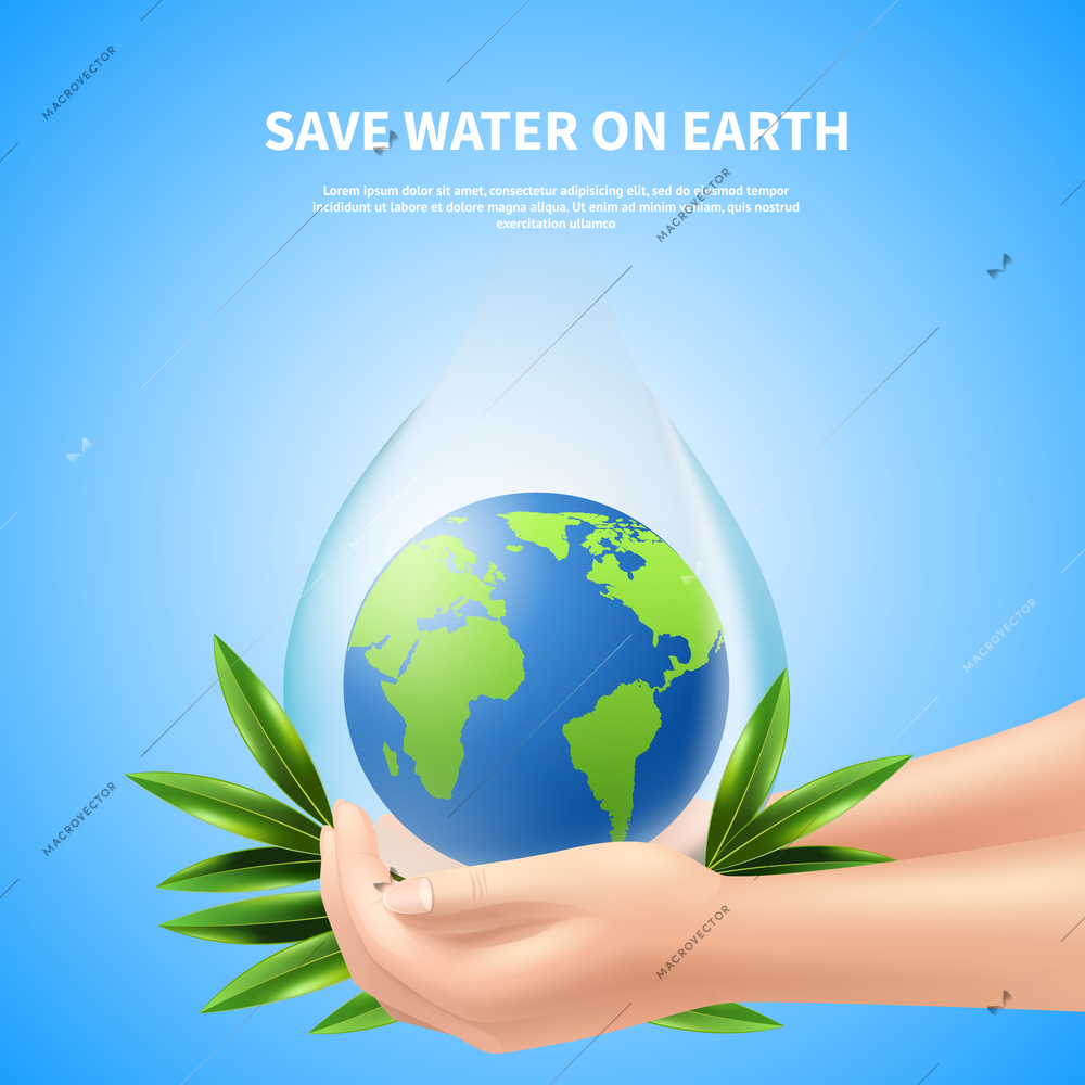 Save water on earth advertising poster with people hands holding giant drop with globe inside realistic vector illustration