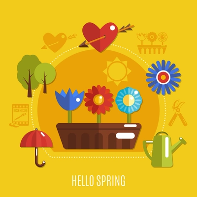 Bright colorful spring concept with blooming flowers heart with arrow and gardening tools on yellow background flat vector illustration