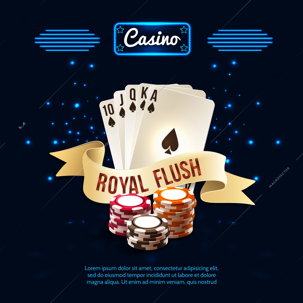 Stylish casino realistic composition with royal flush headline on the ribbon and card set vector illustration