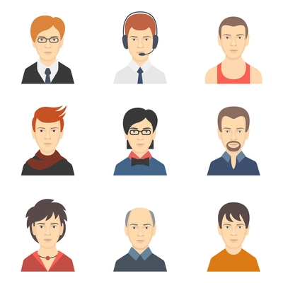 Social networks business private man users profile avatar dress code haircut icons set isolated flat vector illustration