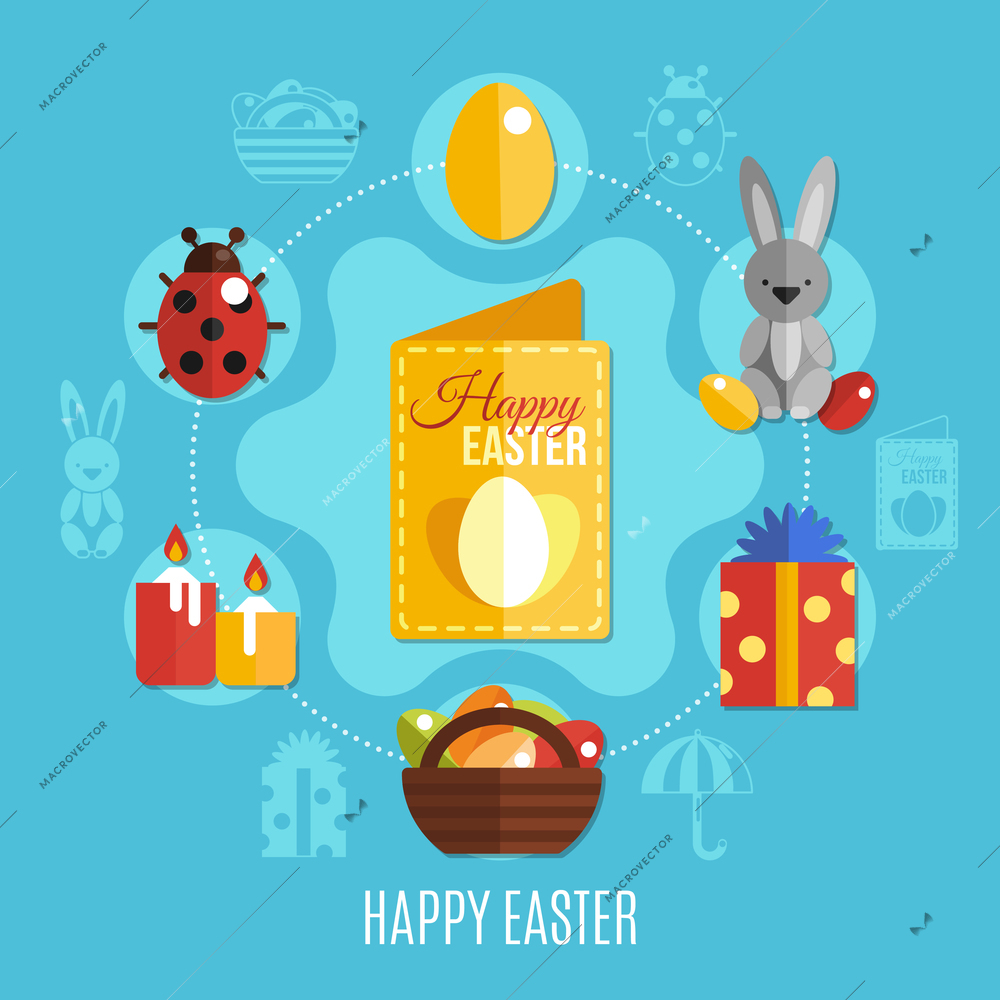 Spring easter concept with cute rabbit colorful eggs ladybug and candles on blue background flat vector illustration