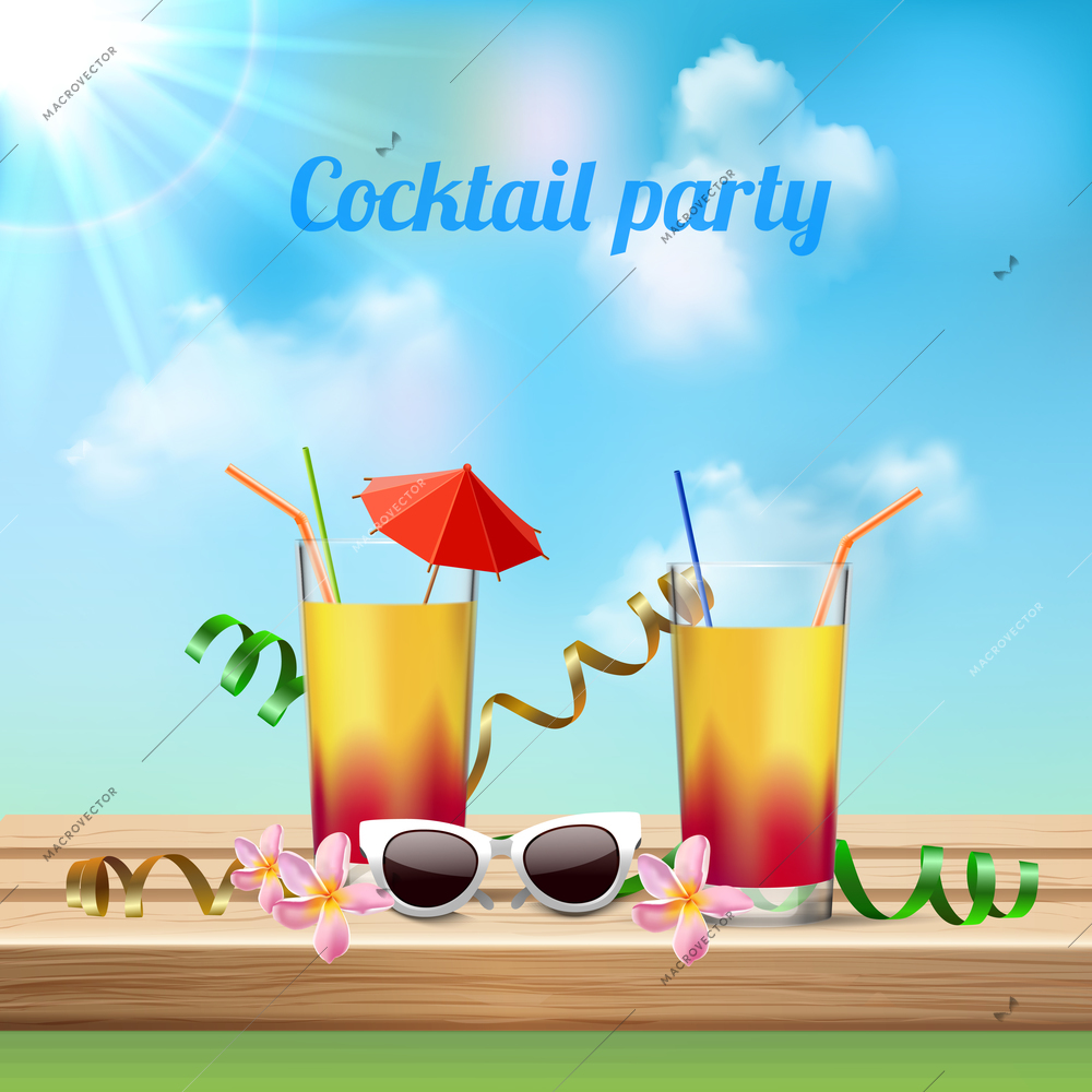 Summer vacation cocktail party celebration realistic composition with 2 glasses orchids flowers sun glasses invitation vector illustration