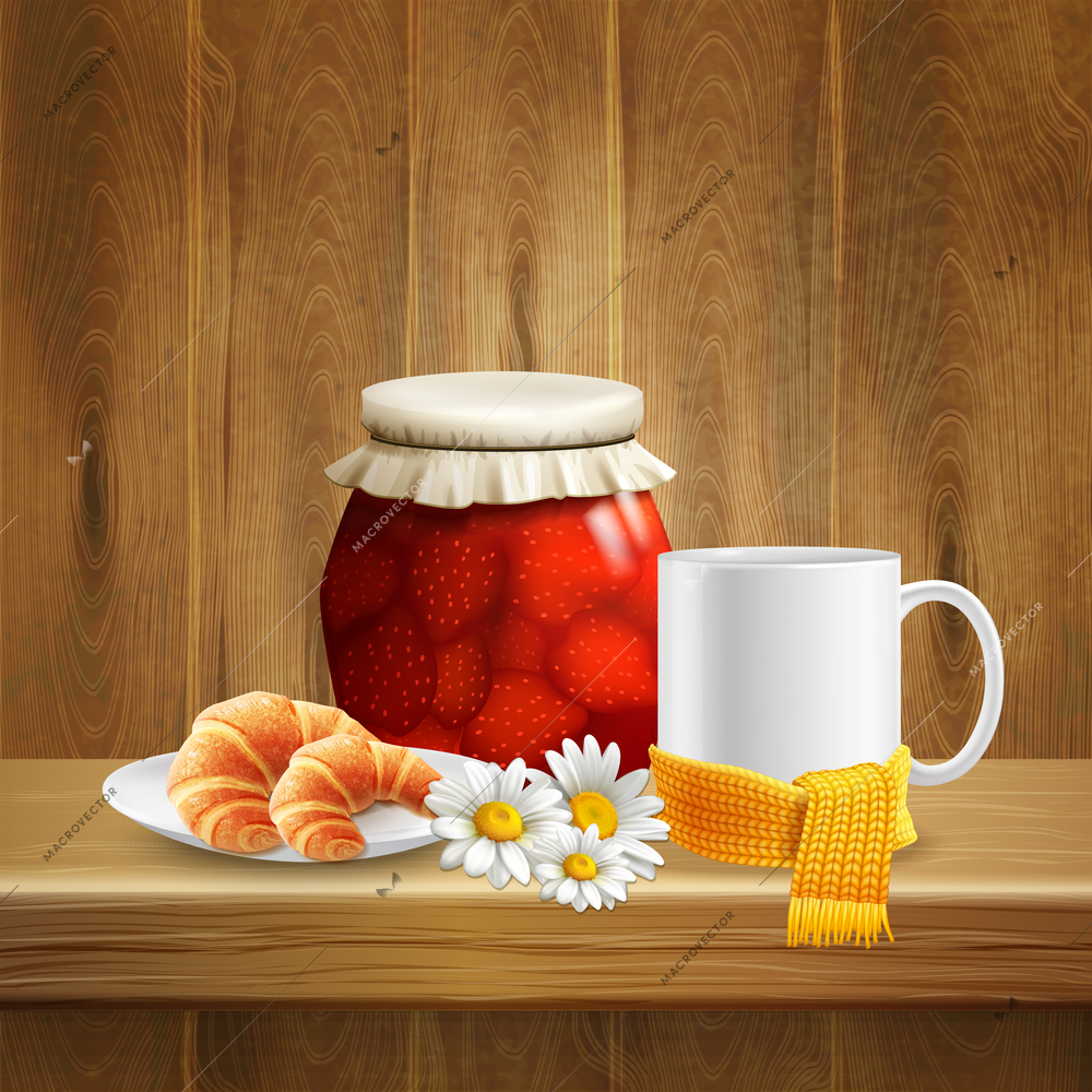Daisy flower realistic composition with jar of jam mug of tea and with scattering of flowers vector illustration