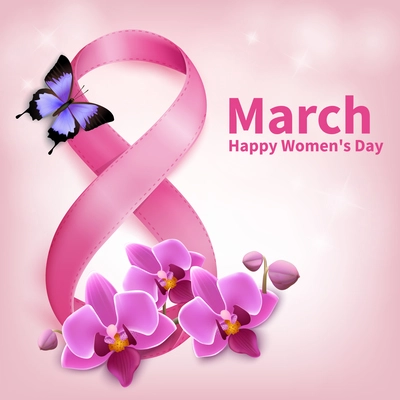 8 march happy women day realistic background with beautiful pink flowers butterfly and ribbon vector illustration