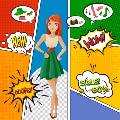 Comic book page with pretty woman, sale of female products, expression of emotions in bubbles vector illustration