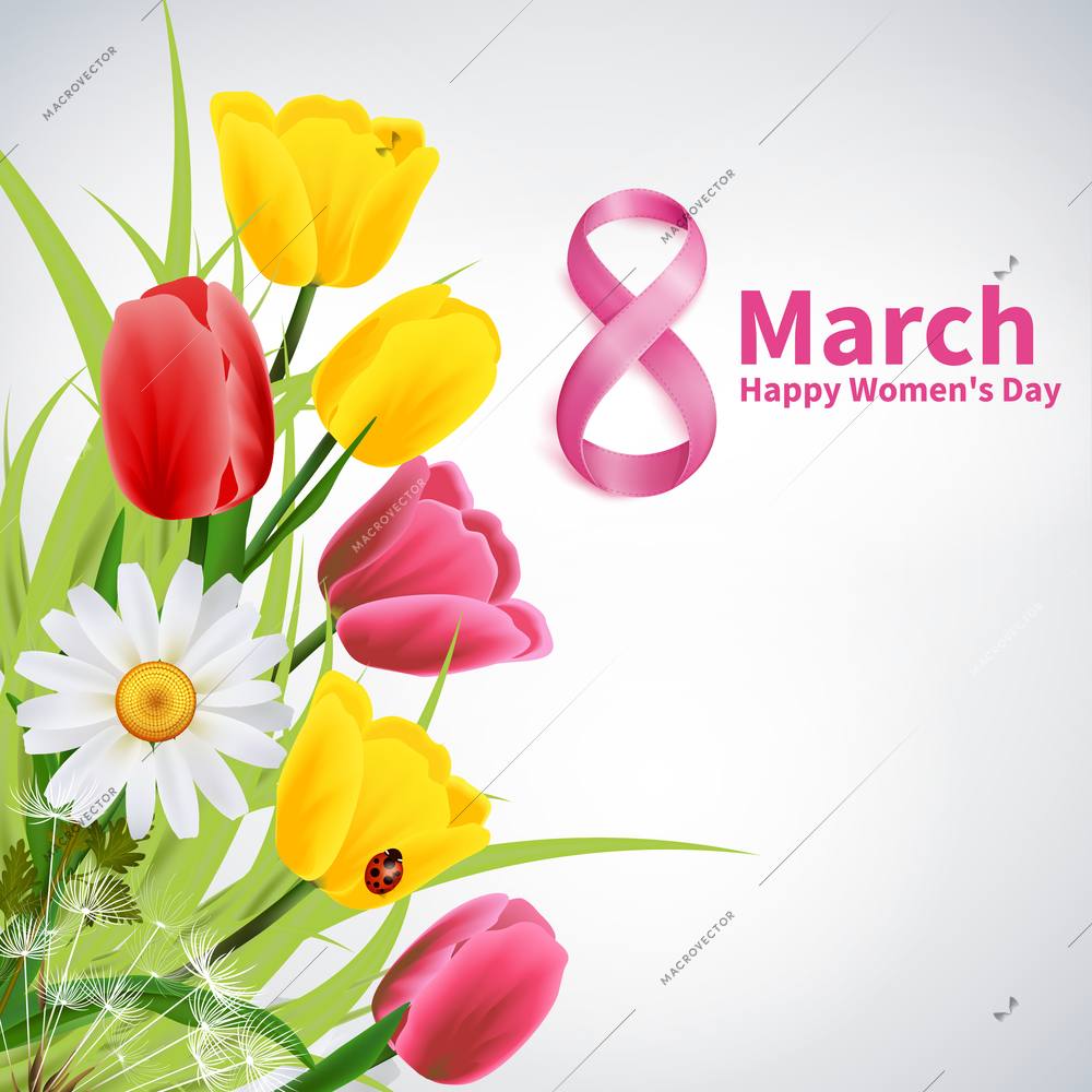 8 march happy women day realistic background with beautiful bunch of flowers and ladybird vector illustration