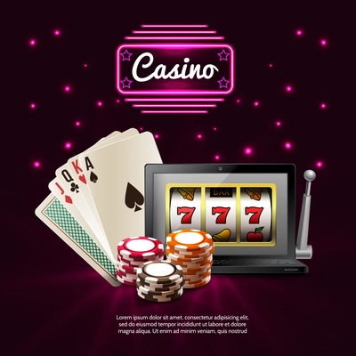 Dark casino realistic composition with glowing signboard and isolated attributes of games vector illustration