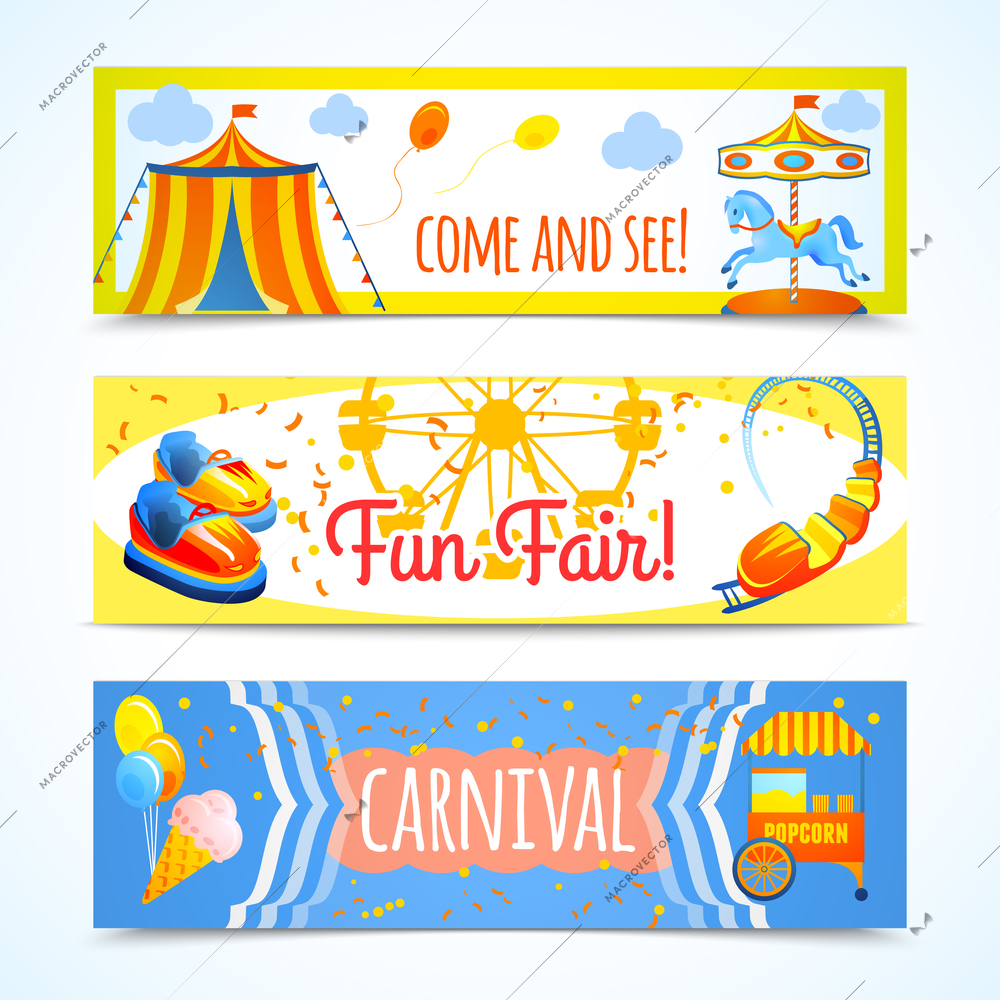 Amusement entertainment carnival theme park fun fair horizontal banners isolated vector illustration