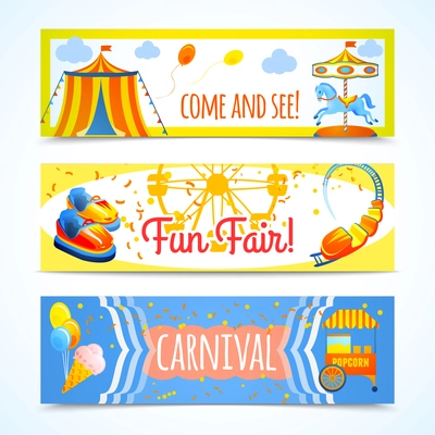 Amusement entertainment carnival theme park fun fair horizontal banners isolated vector illustration