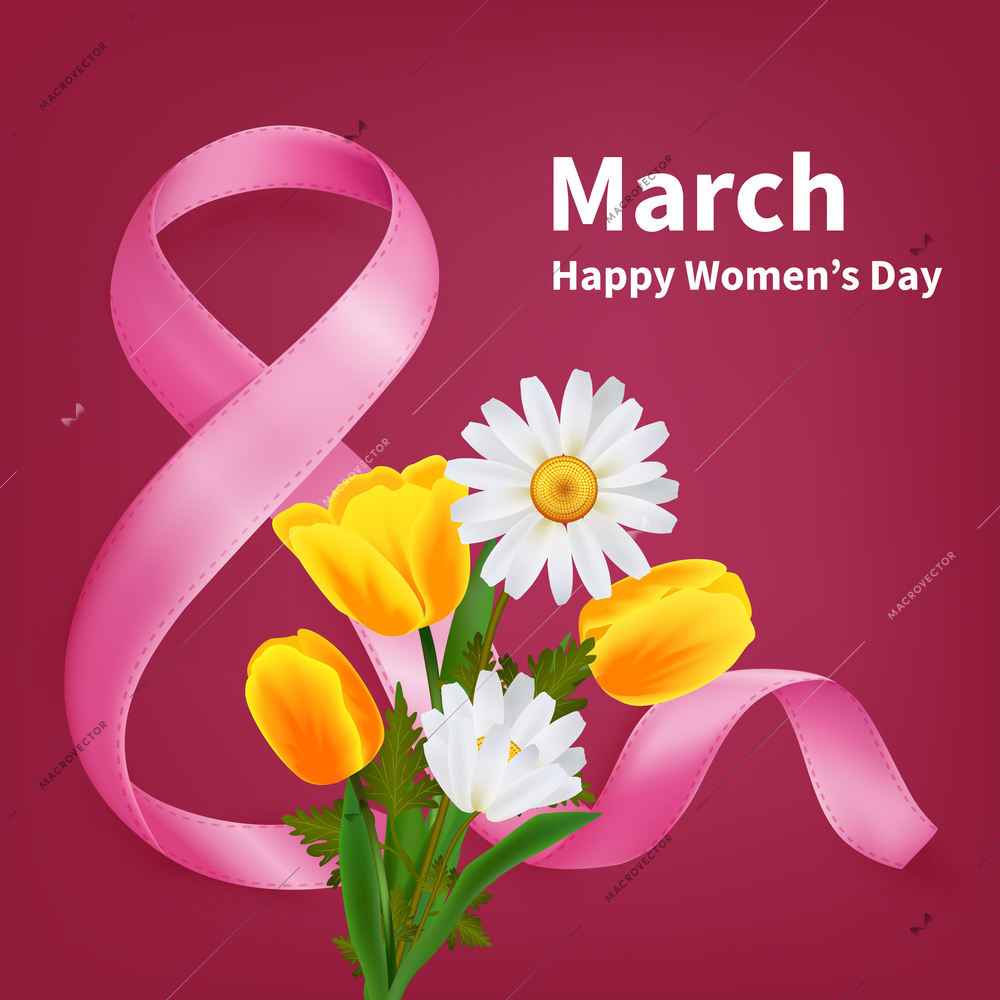 Purple realistic background to march 8th holiday with bunch of flowers and ribbon vector illustration