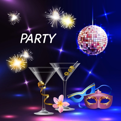 Celebration party realistic accessories lights cocktail glasses eye masks for festive night event promotion wedding vector illustration