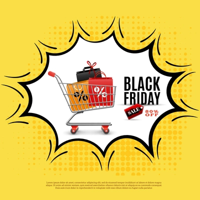 Black friday ad poster on yellow background with shopping trolley in comic bubble vector illustration