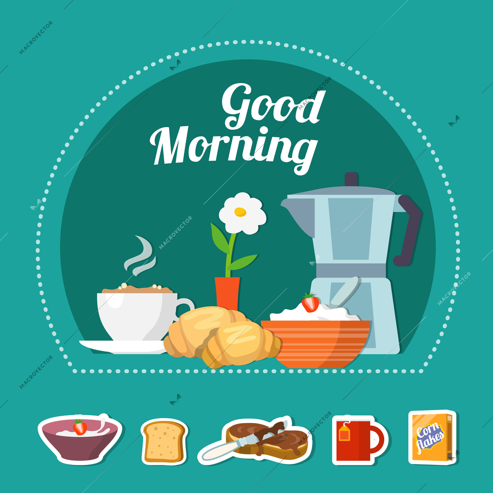 Flat design delicious healthy breakfast concept and colorful food icons isolated vector illustration