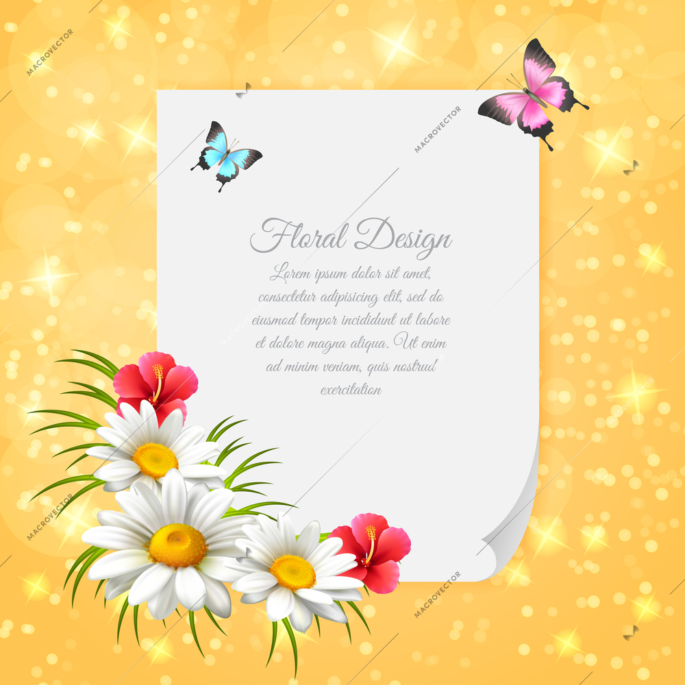 Colored daisy realistic letter with gentle composition with paper decorated with flowers vector illustration