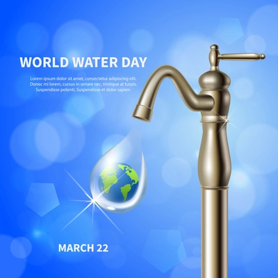 World water day advertising blue poster with water crane and green earth image in drop background realistic vector illustration