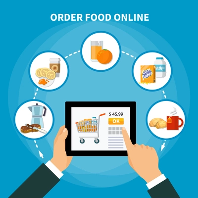 Online ordering products for breakfast flat concept on blue background vector illustration