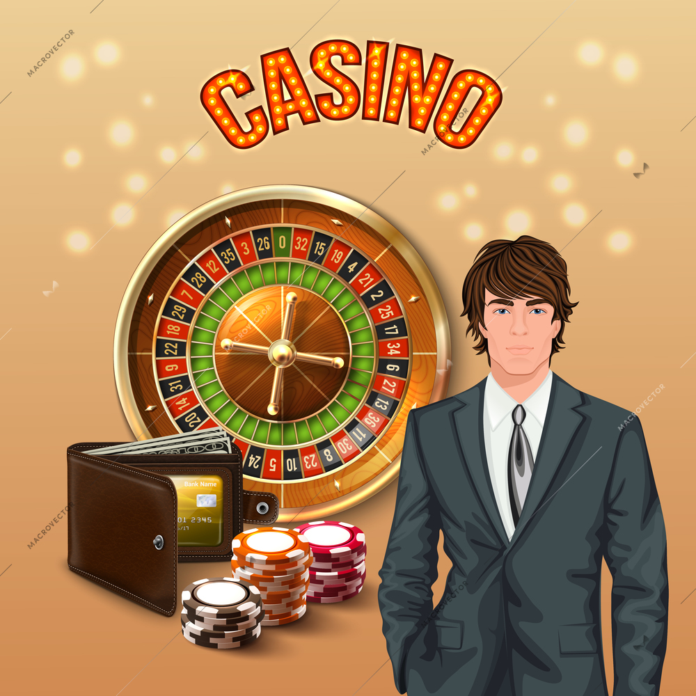 Man in casino realistic composition with big orange glowing casino headline and lucky gamer vector illustration