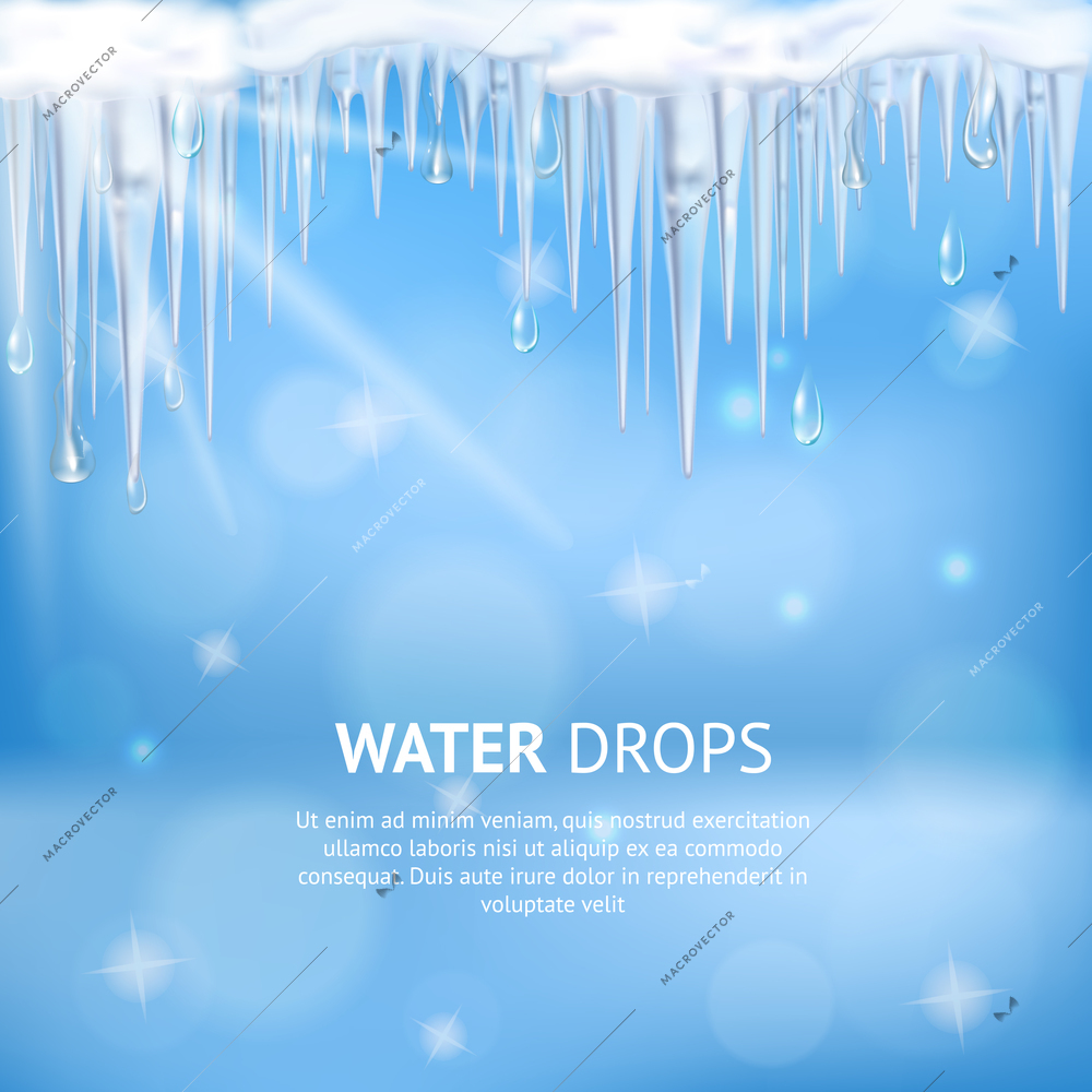 Abstract blue background with water drops falling from melting icicles and sun lights realistic vector illustration