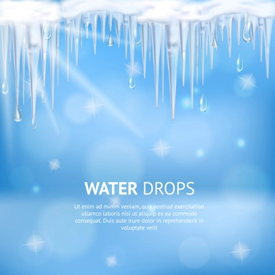 Abstract blue background with water drops falling from melting icicles and sun lights realistic vector illustration