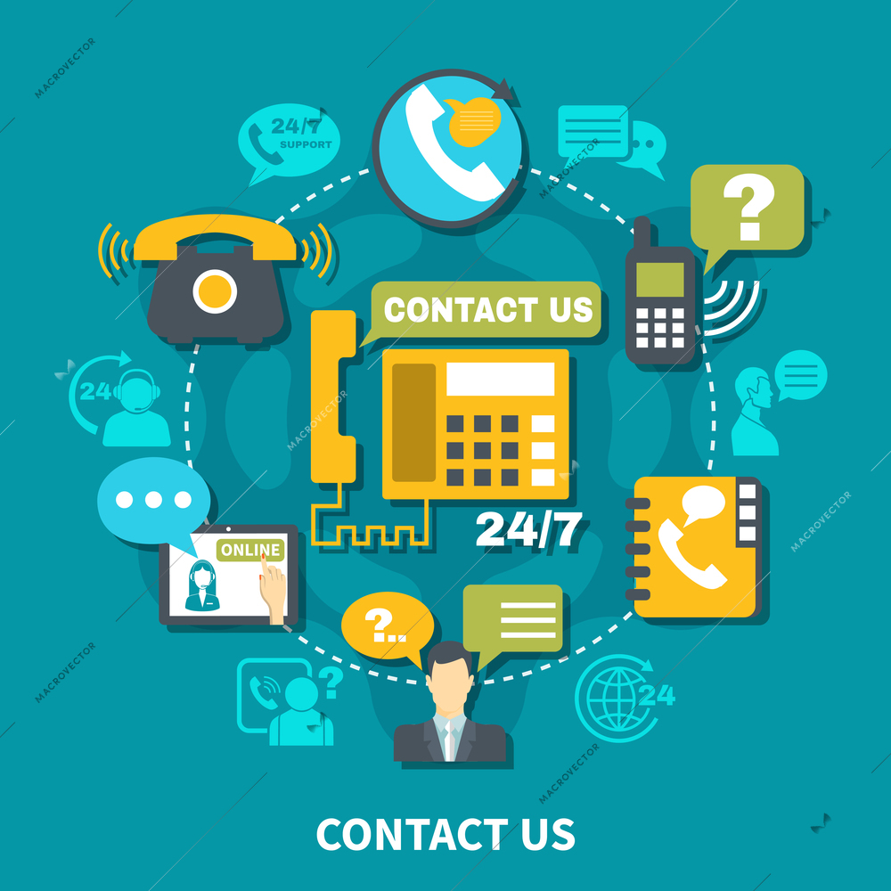 Contact us round composition on turquoise background with customer support 24/7 various communication devices vector illustration