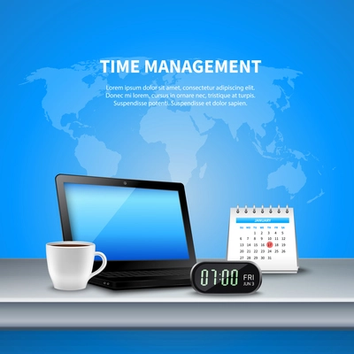 Blue time management realistic composition the workplace is equipped with digital clock and planning vector illustration