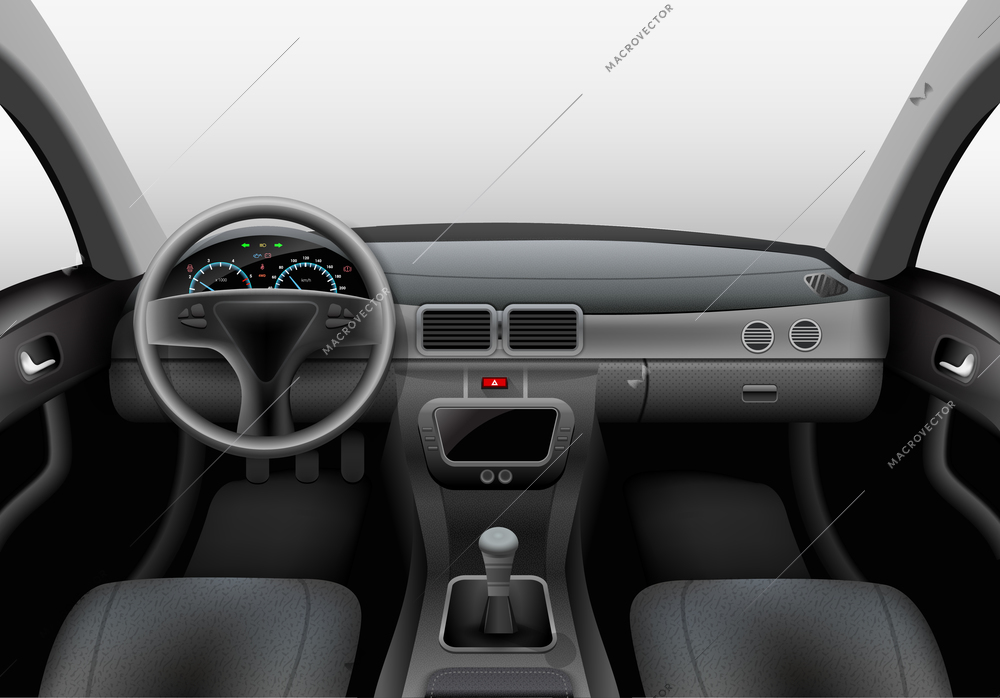 Realistic car dark interior with dashboard windshield and steering wheel vector illustration