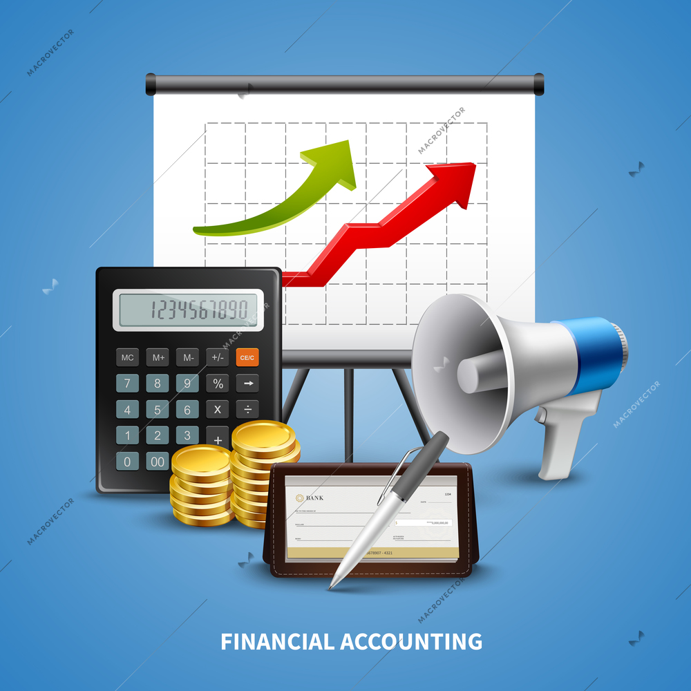 Colorful business realistic concept with different tools for financial accounting on blue background vector illustration