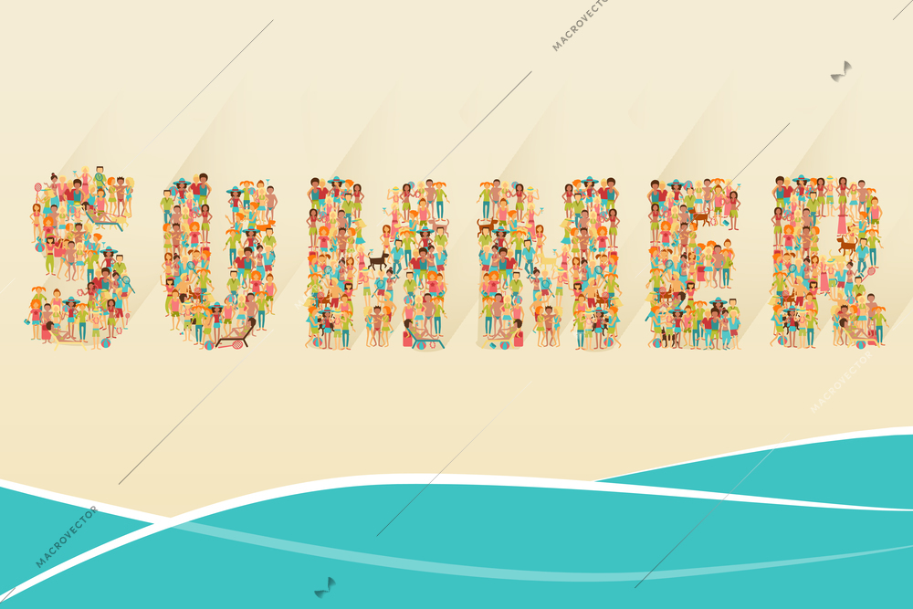 Vacation concept with group of people in summer lettering on sea beach background vector illustration