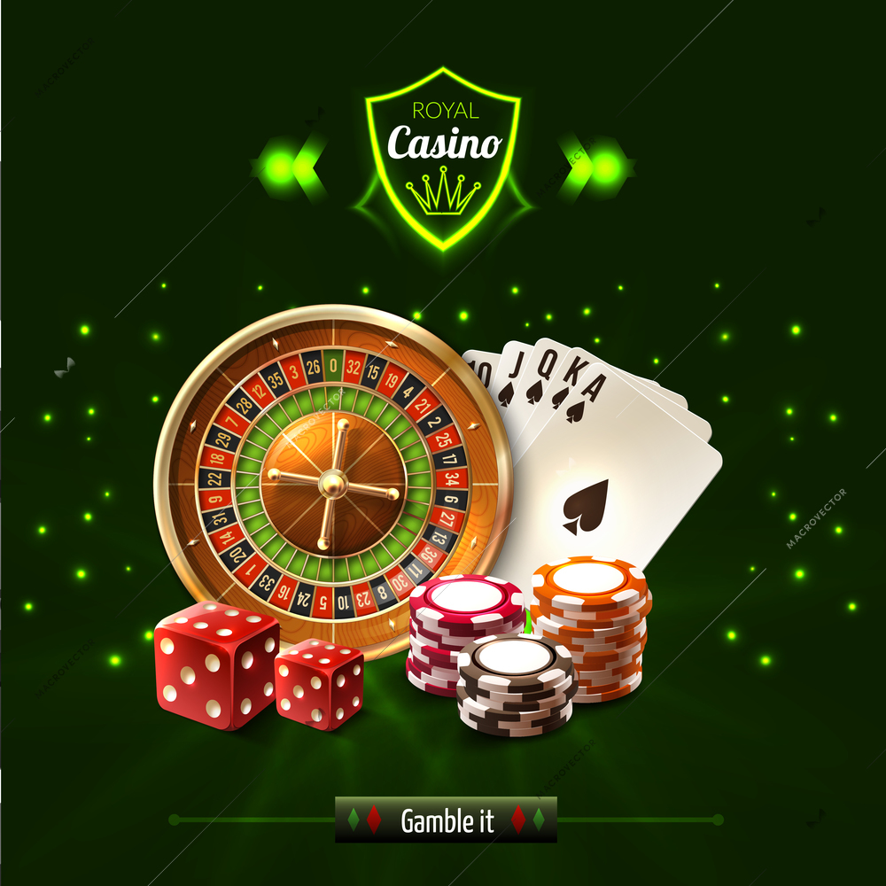 Gamble it casino realistic composition with dice playing cards roulette and chips vector illustration