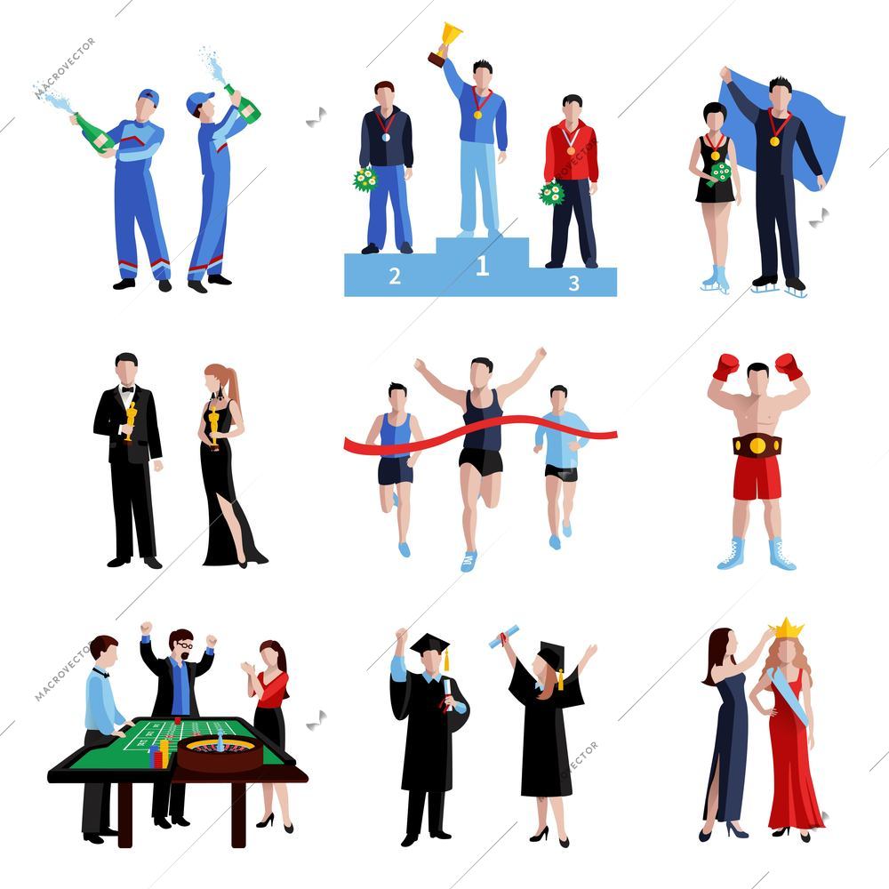 Winner icons set with sport education and arts flat isolated vector illustration