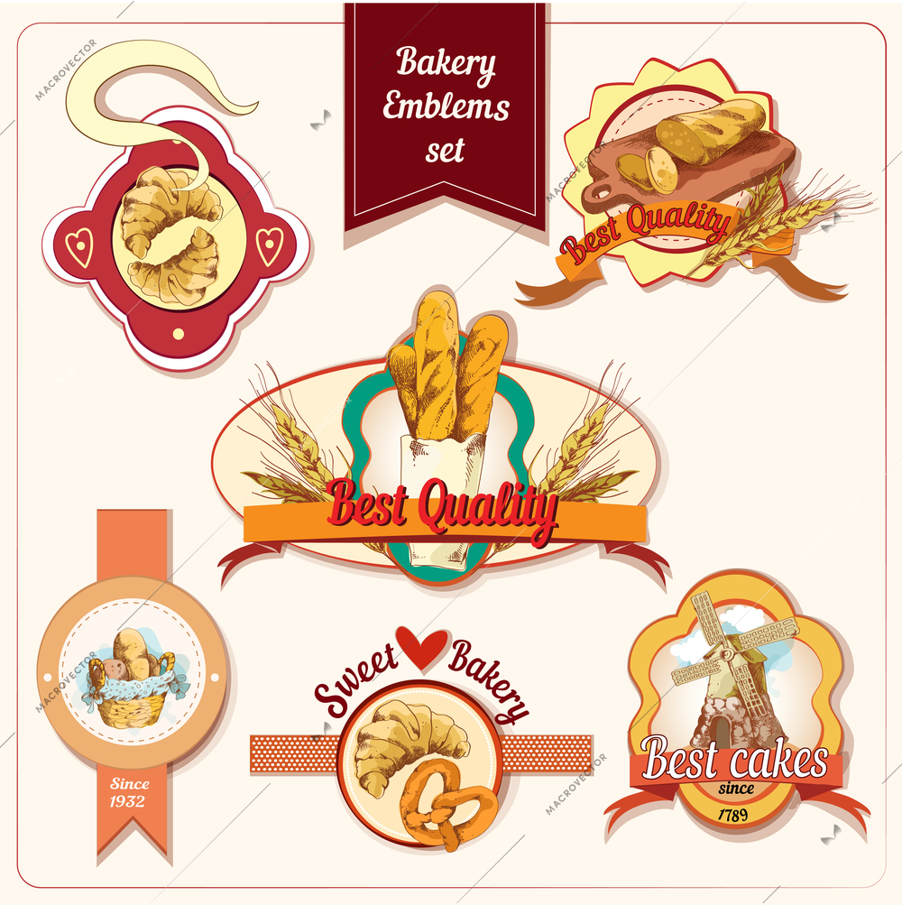 Best quality sweet bakery bread and pastry food emblems set vector illustration