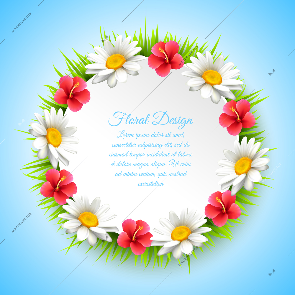 Daisy realistic multicolored composition with wreath of flowers place for text at the center and floral design vector illustration