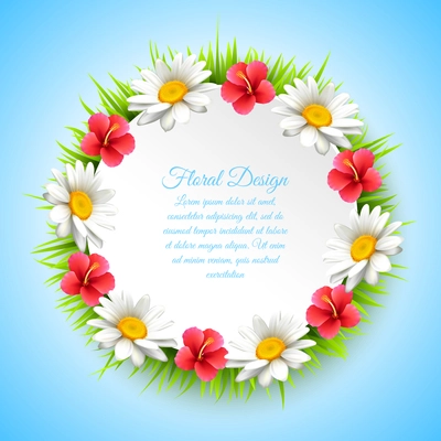 Daisy realistic multicolored composition with wreath of flowers place for text at the center and floral design vector illustration