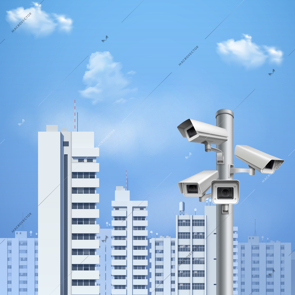 Security system surveillance cameras on background  with cityscape and blue sky realistic vector illustration