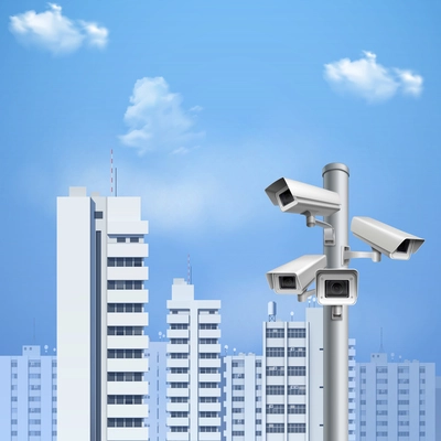 Security system surveillance cameras on background  with cityscape and blue sky realistic vector illustration