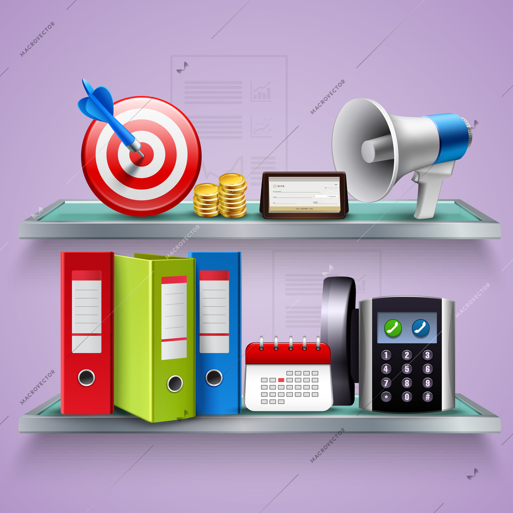 Business concept with folders planner calendar speaker coins phone on shelves realistic vector illustration