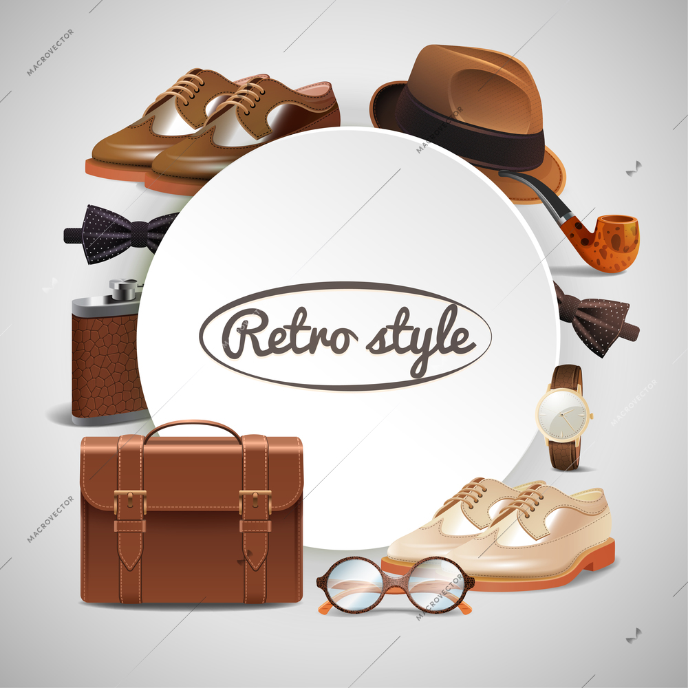 Retro gentleman accessories round frame with shoes briefcase glasses watch pipe hat bow tie realistic vector illustration