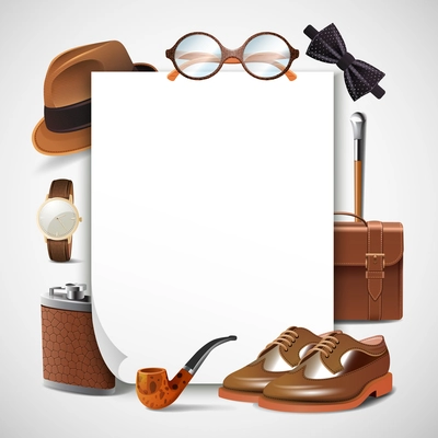 Retro gentleman accessories blank sheet paper frame with shoes briefcase glasses watch pipe hat realistic vector illustration