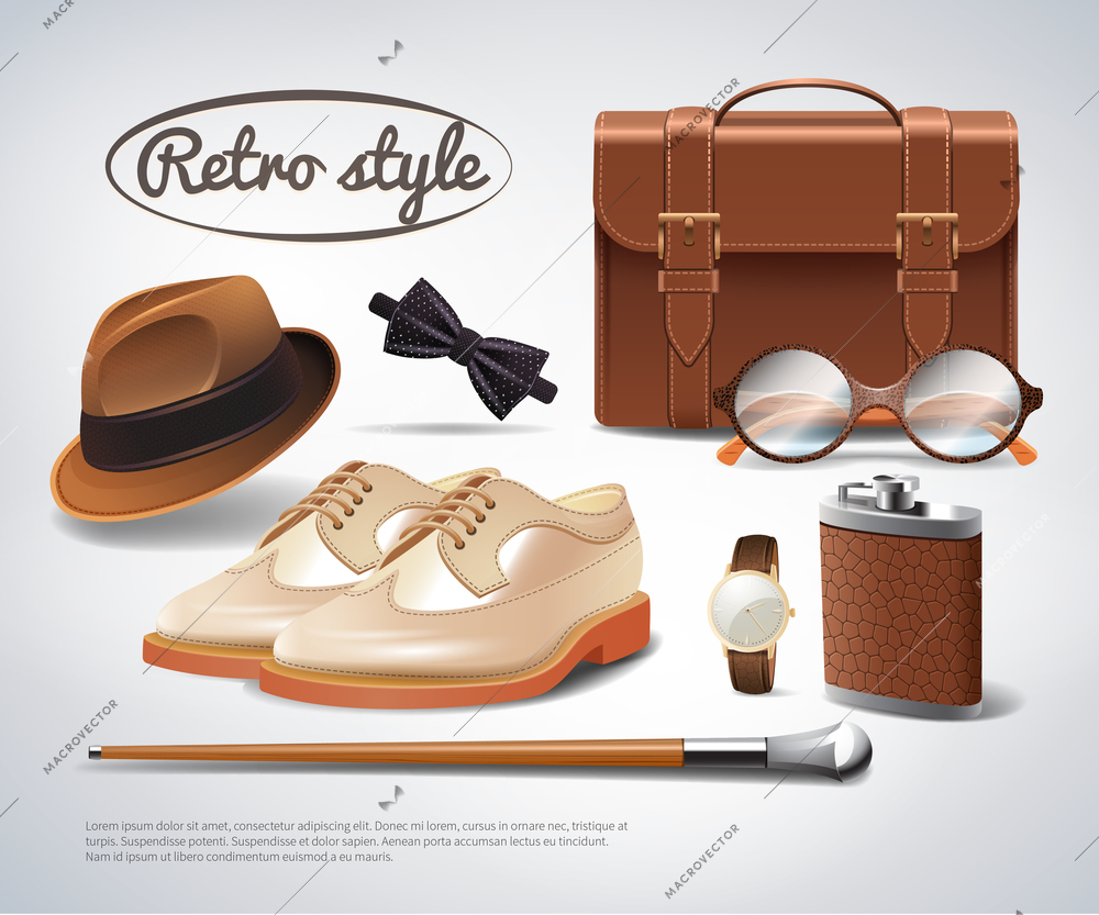 Classic retro gentleman accessories realistic set with shoes briefcase glasses watch bow tie walking stick vector illustration