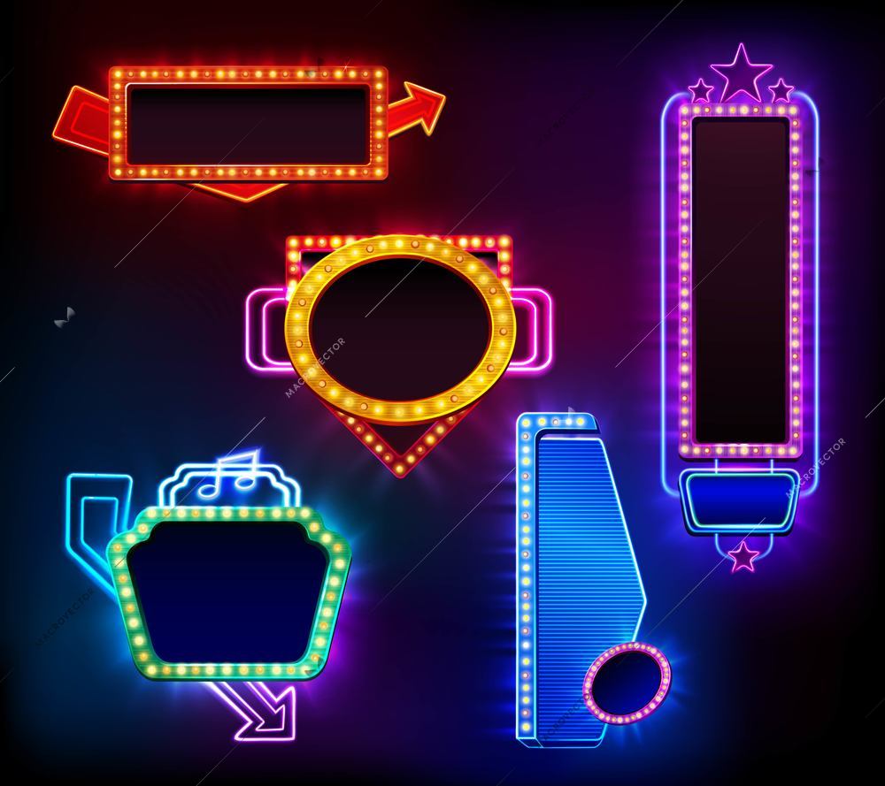 Retro light banner set isolated on dark background vector illustration