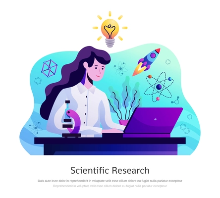 Scientific research abstract colorful composition with young lady in lab coat with microscope behind laptop vector illustration