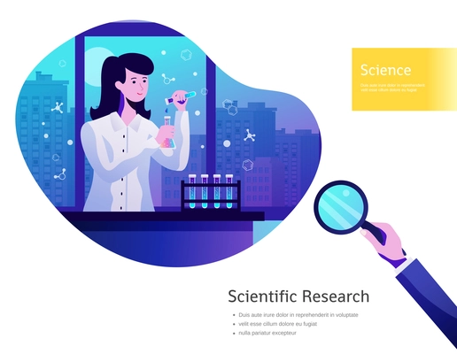 Scientific research poster with young lady with test tubes and dusky city skyline in background vector illustration