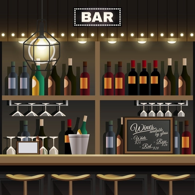 Cafe restaurant pub bar realistic interior detail with wine liquor bottles display shelves and counter stools vector illustration