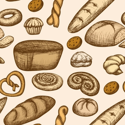 Bakery seamless pattern with hand drawn pastry baguette cookies vector illustration