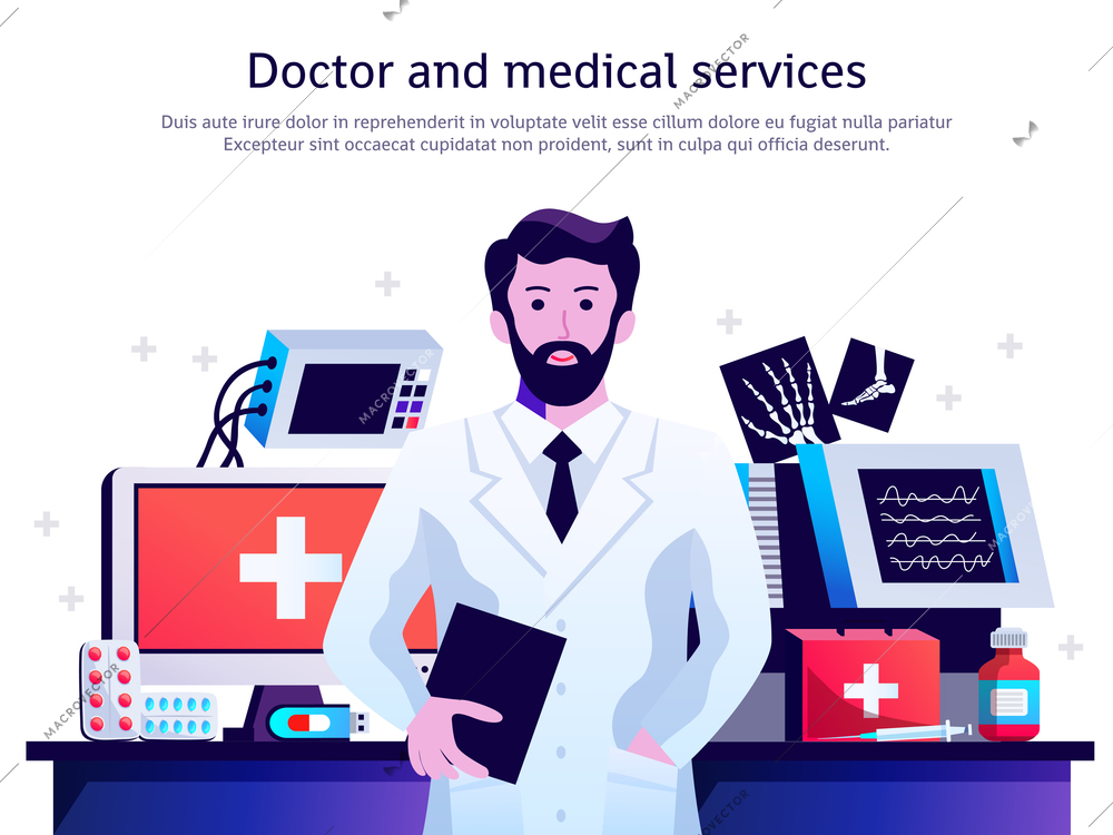 Male doctor in physician lab coat with monitoring and life support medical equipment in background vector illustration