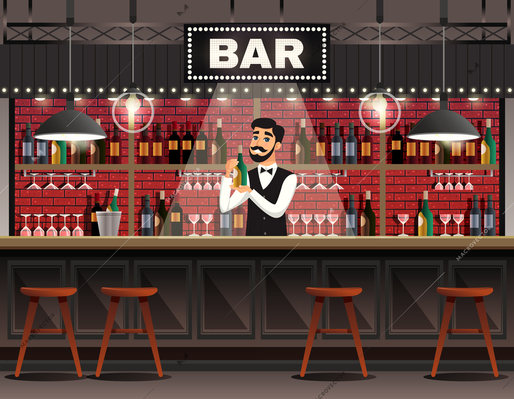 Cafe bar interior realistic composition with barman behind counter serving drinks against wine shelves background vector illustration