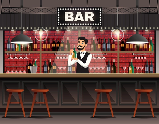 Cafe bar interior realistic composition with barman behind counter serving drinks against wine shelves background vector illustration